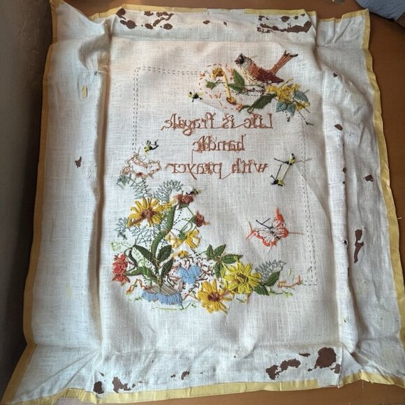 Vtg 80s Completed Life is Fragile Prayer Crewel Embroidery Bird Wall Hanging - Picture 2 of 16